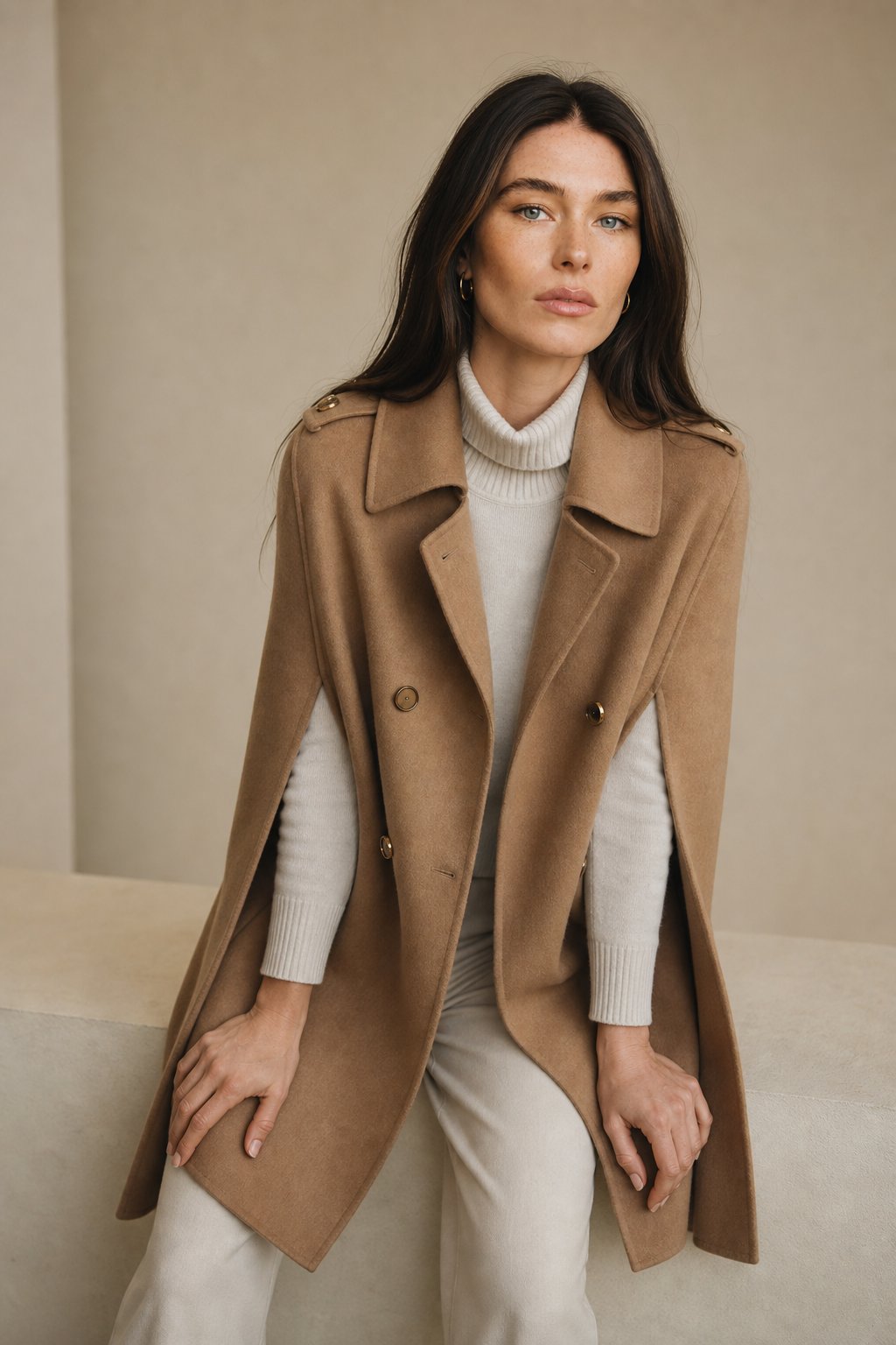 Yvette | Long Epaulette Double Breasted Wool Cape Coat - View 2