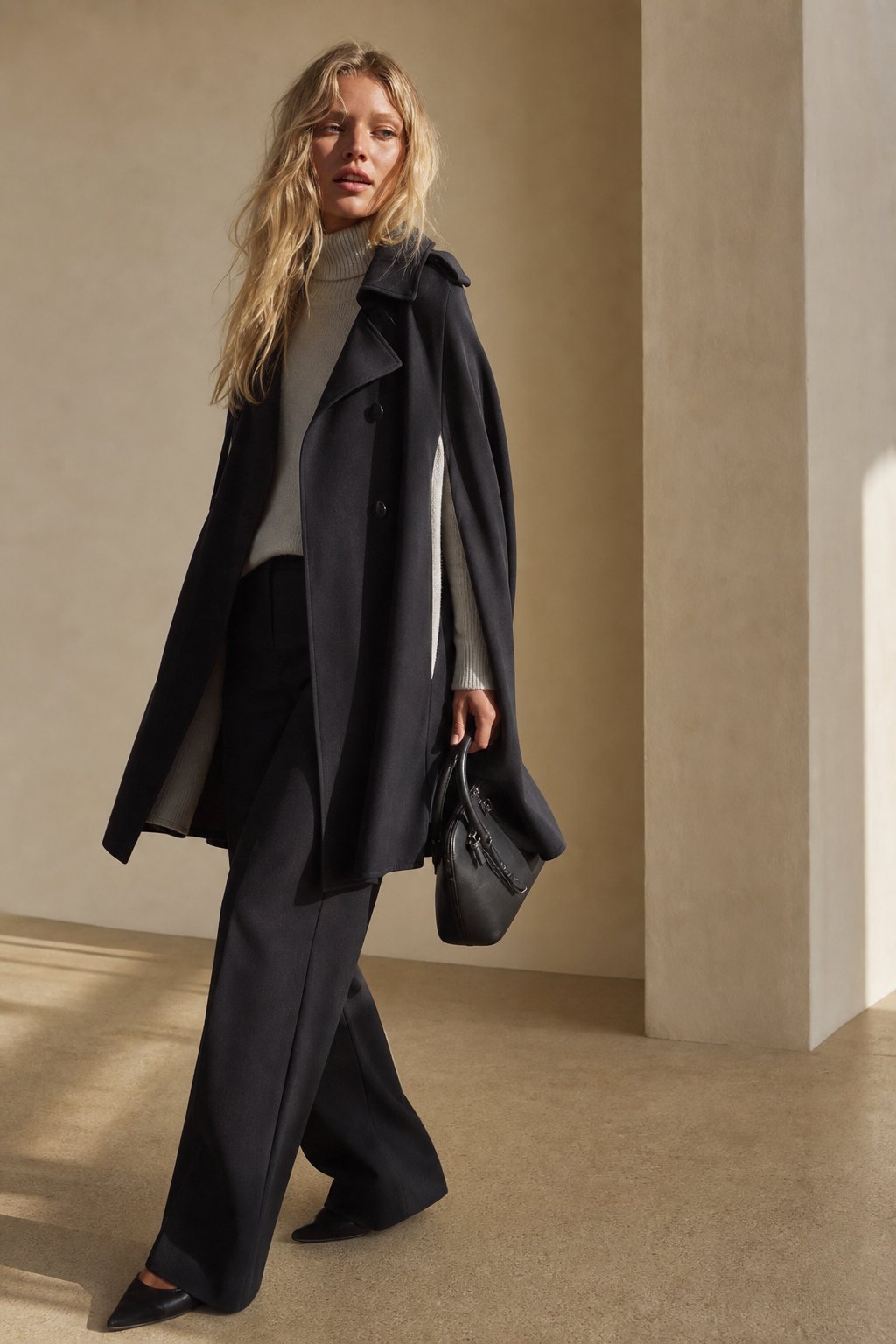 Yvette | Long Epaulette Double Breasted Wool Cape Coat - View 3