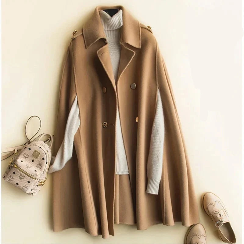 Yvette | Long Epaulette Double Breasted Wool Cape Coat - View 4