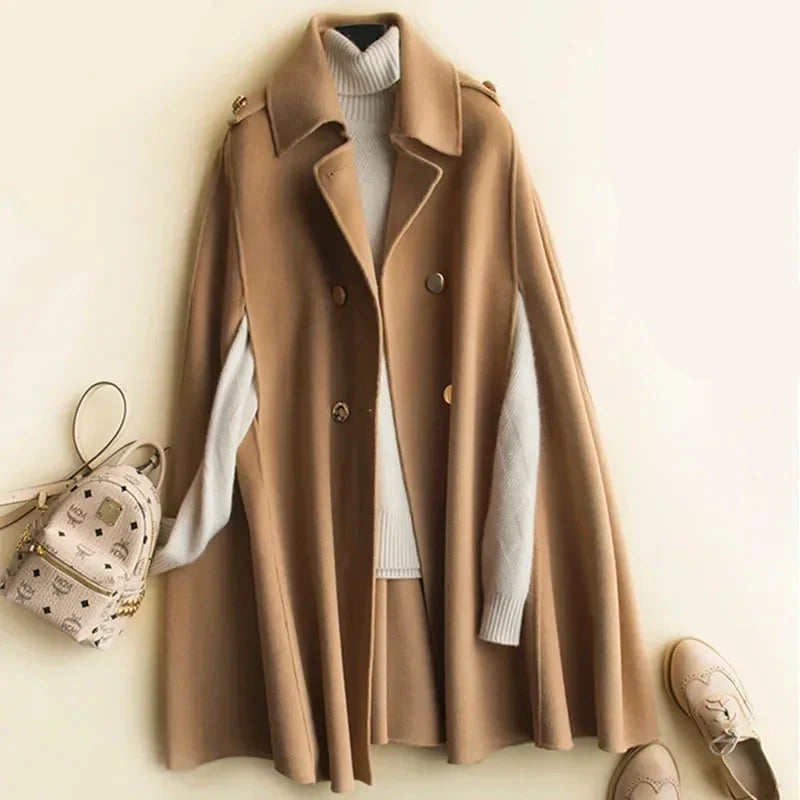 Yvette | Long Epaulette Double Breasted Wool Cape Coat - View 6