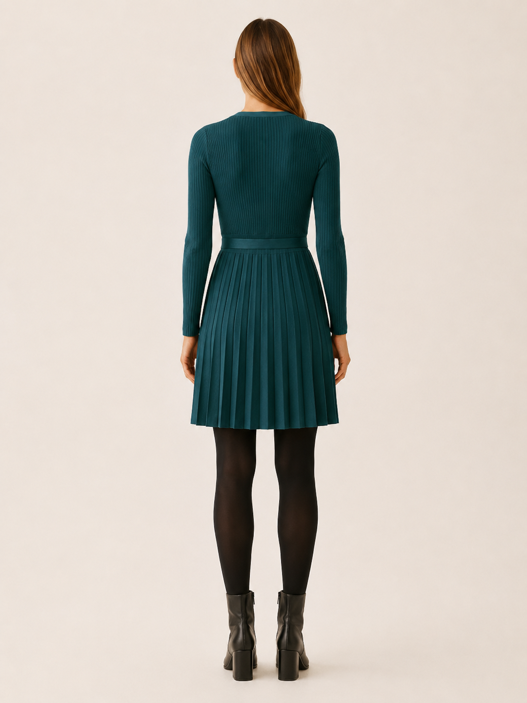 Yvonne | Contrast Bind Wrap Front Pleated Knit Mini Dress - View 2