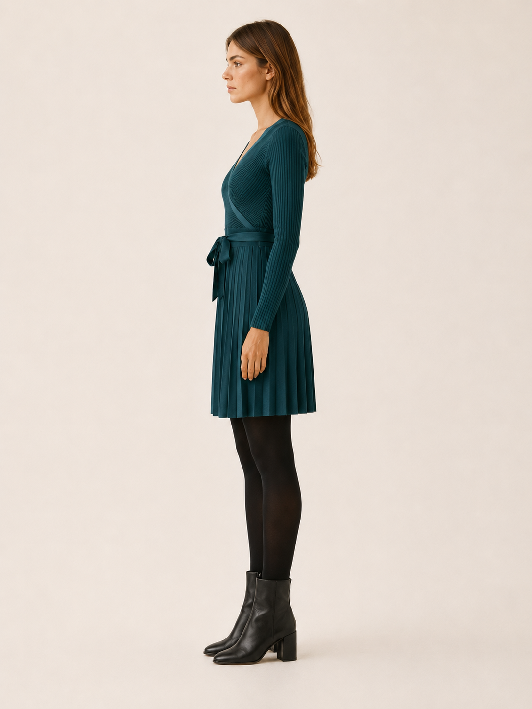 Yvonne | Contrast Bind Wrap Front Pleated Knit Mini Dress - View 3