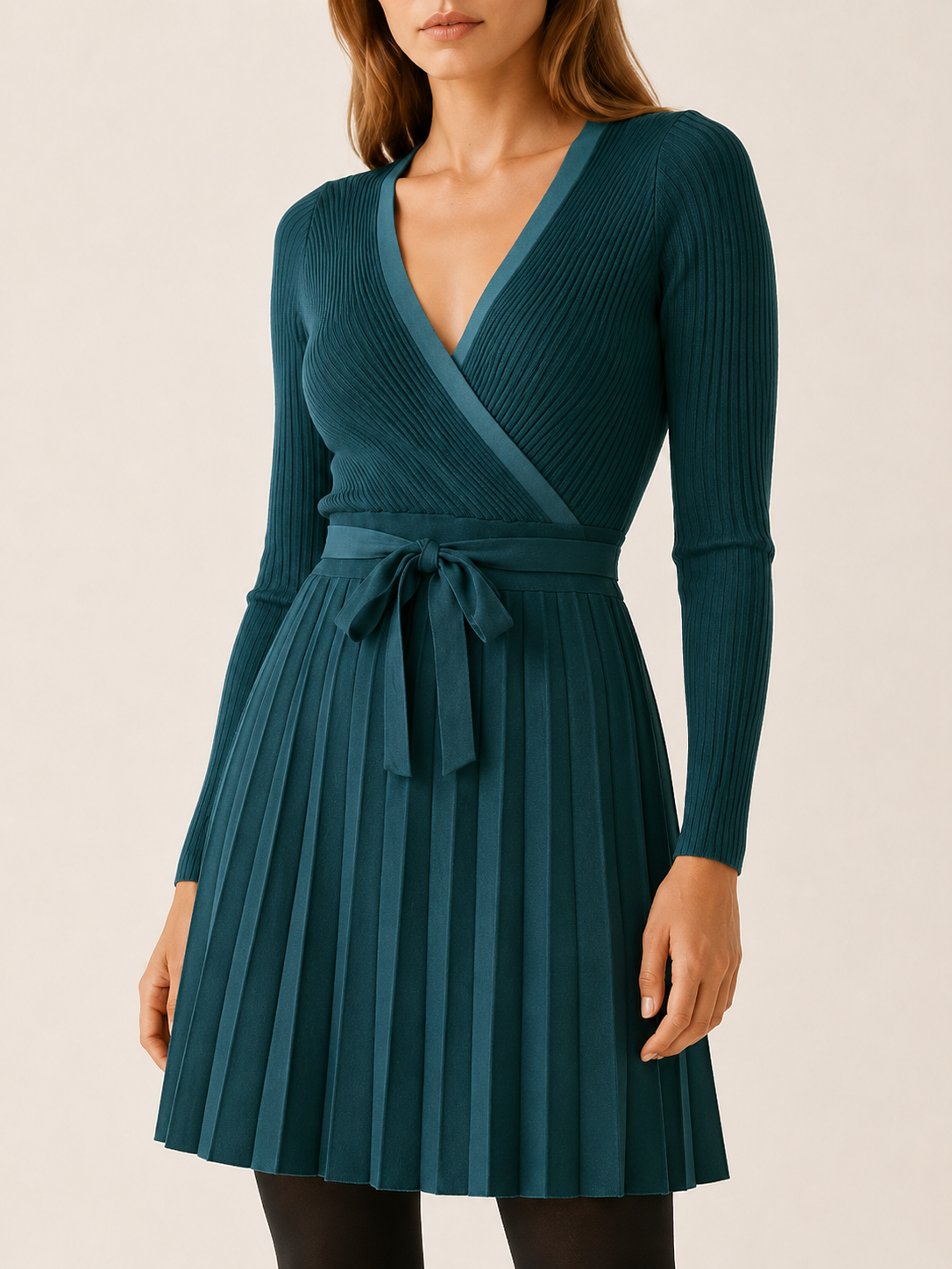 Yvonne | Contrast Bind Wrap Front Pleated Knit Mini Dress - View 4