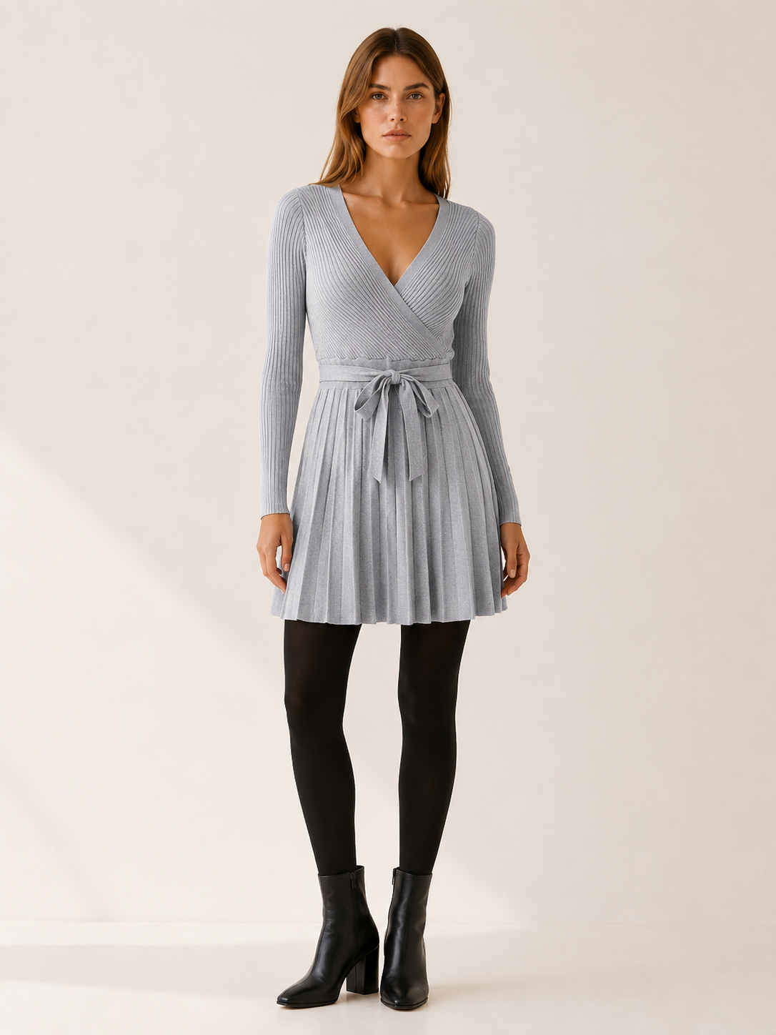 Yvonne | Contrast Bind Wrap Front Pleated Knit Mini Dress - View 7