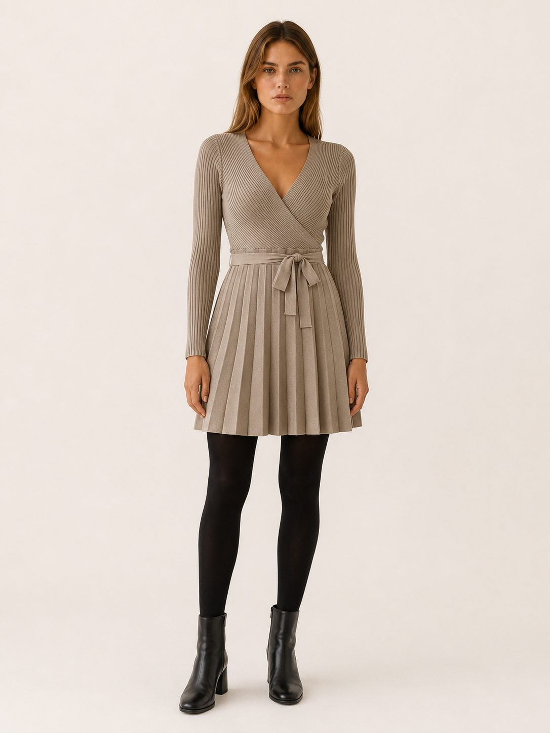 Yvonne | Contrast Bind Wrap Front Pleated Knit Mini Dress - View 8