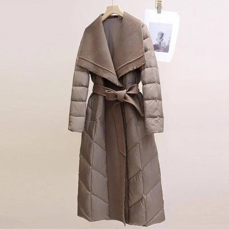 Zadie | Wool Trim Shawl Collar Belted Long Down Coat - View 11