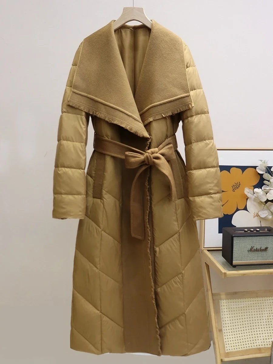 Zadie | Wool Trim Shawl Collar Belted Long Down Coat - View 12