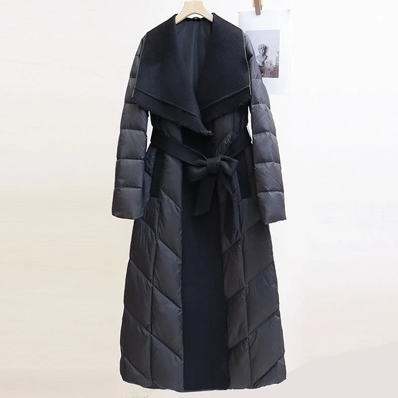Zadie | Wool Trim Shawl Collar Belted Long Down Coat - View 13