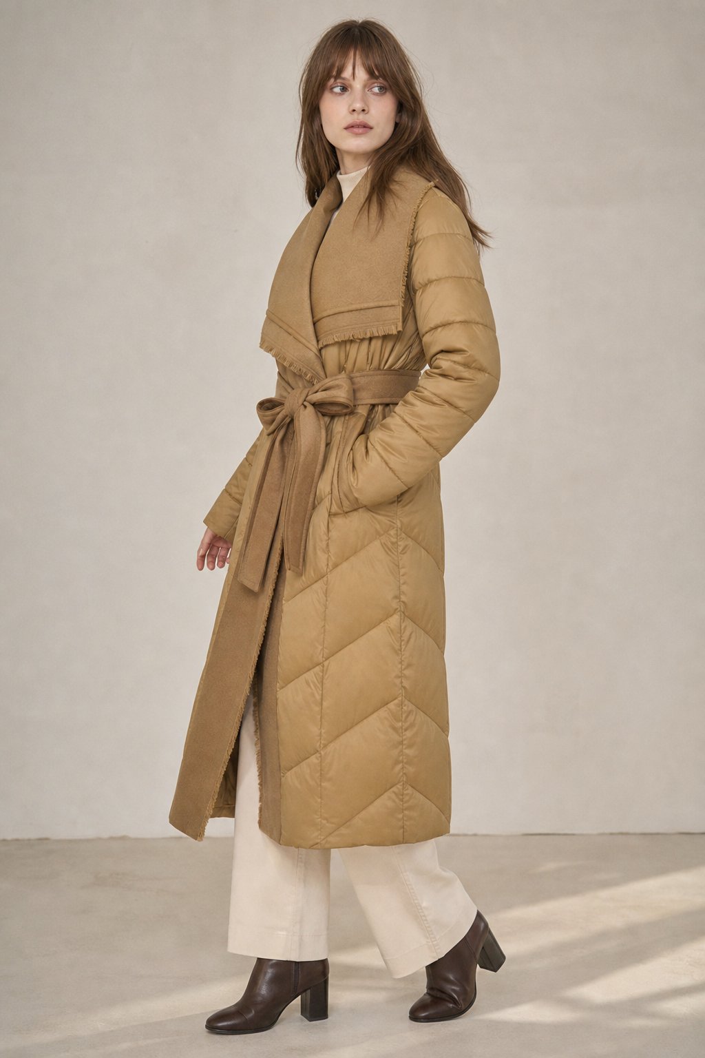Zadie | Wool Trim Shawl Collar Belted Long Down Coat - View 3