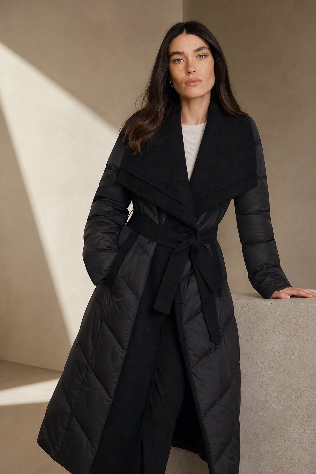 Zadie | Wool Trim Shawl Collar Belted Long Down Coat - View 5
