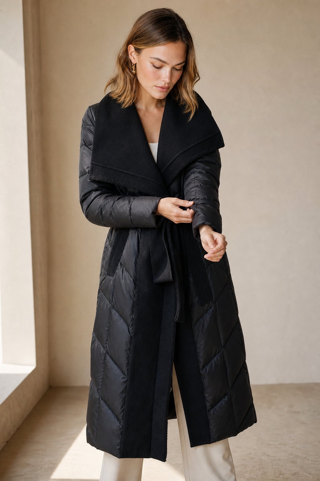 Zadie | Wool Trim Shawl Collar Belted Long Down Coat - View 6