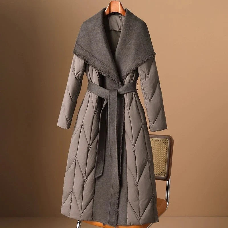 Zadie | Wool Trim Shawl Collar Belted Long Down Coat - View 7