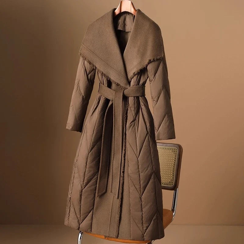 Zadie | Wool Trim Shawl Collar Belted Long Down Coat - View 8