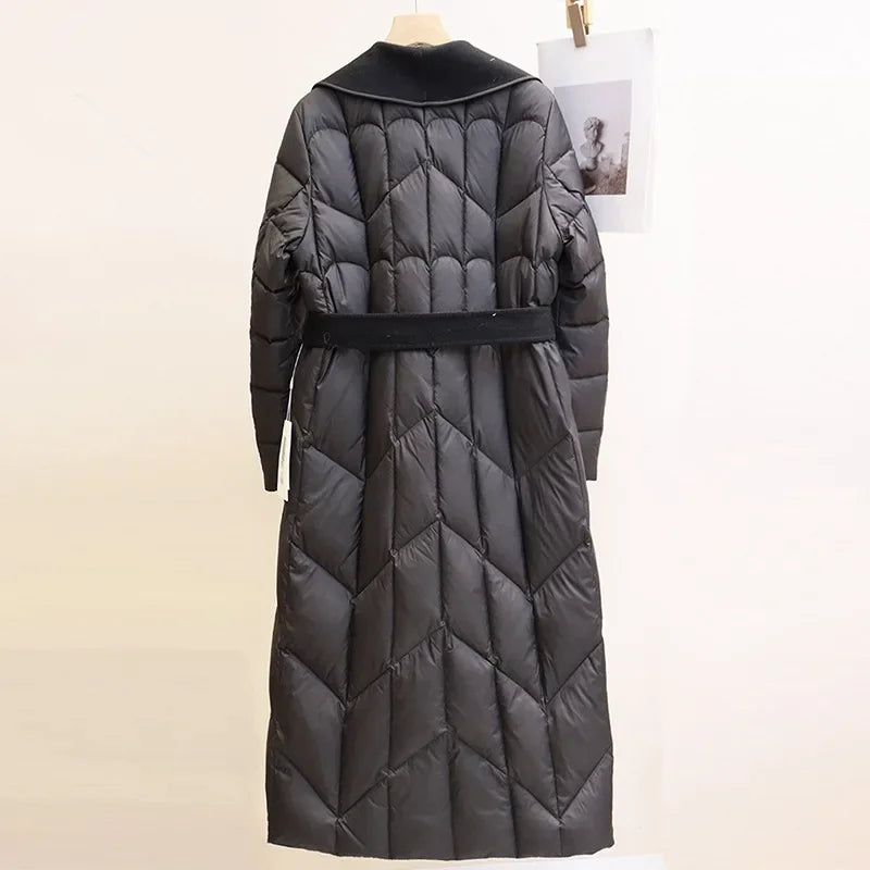 Zadie | Wool Trim Shawl Collar Belted Long Down Coat - View 9