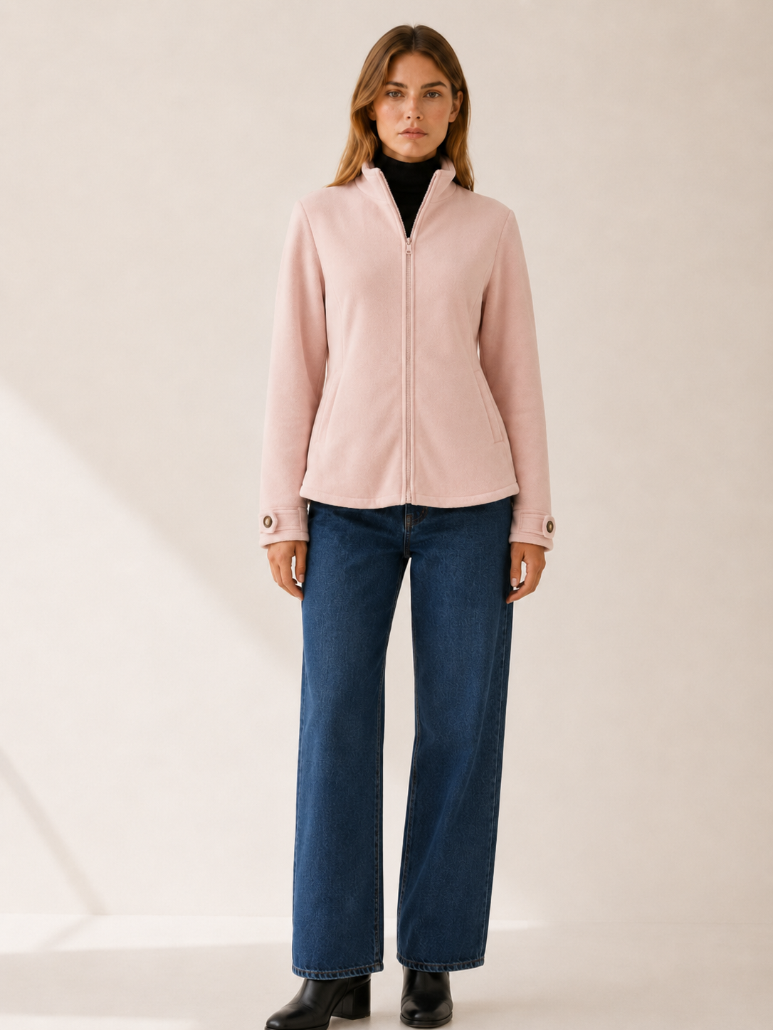 Zara | Stand Collar Cuff Tab Zip Front Fleece Jacket