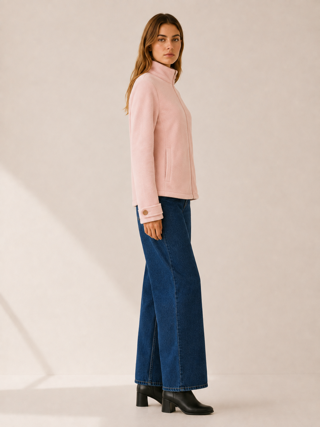 Zara | Stand Collar Cuff Tab Zip Front Fleece Jacket - View 3