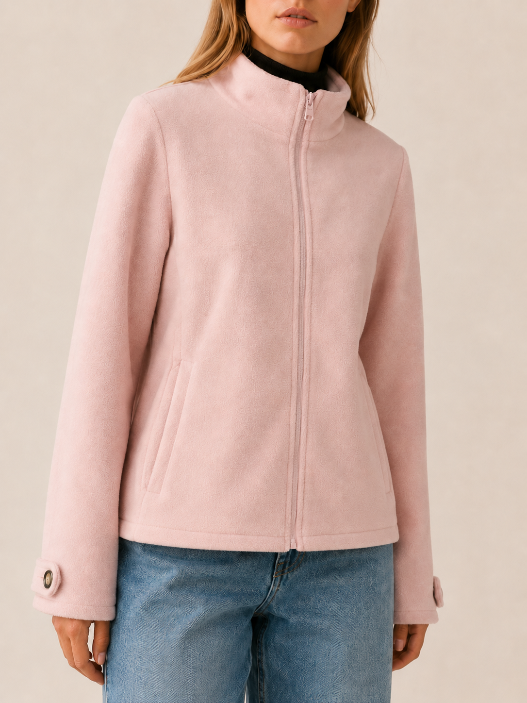 Zara | Stand Collar Cuff Tab Zip Front Fleece Jacket - View 4