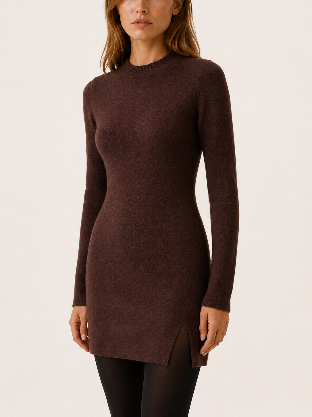 Zelda | Side Slit Mock Neck Fine Knit Mini Sweater Dress - View 4