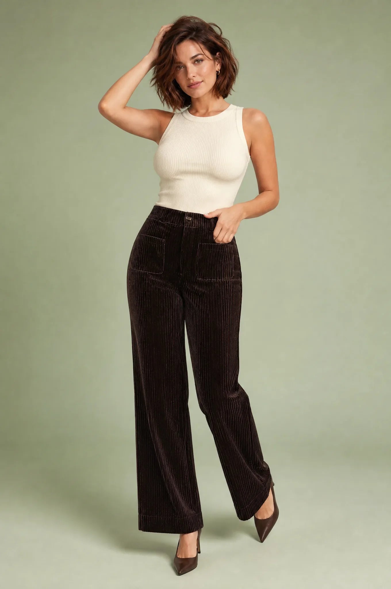 Zora | Patch Pocket Corduroy High Waist Wide Leg Trousers