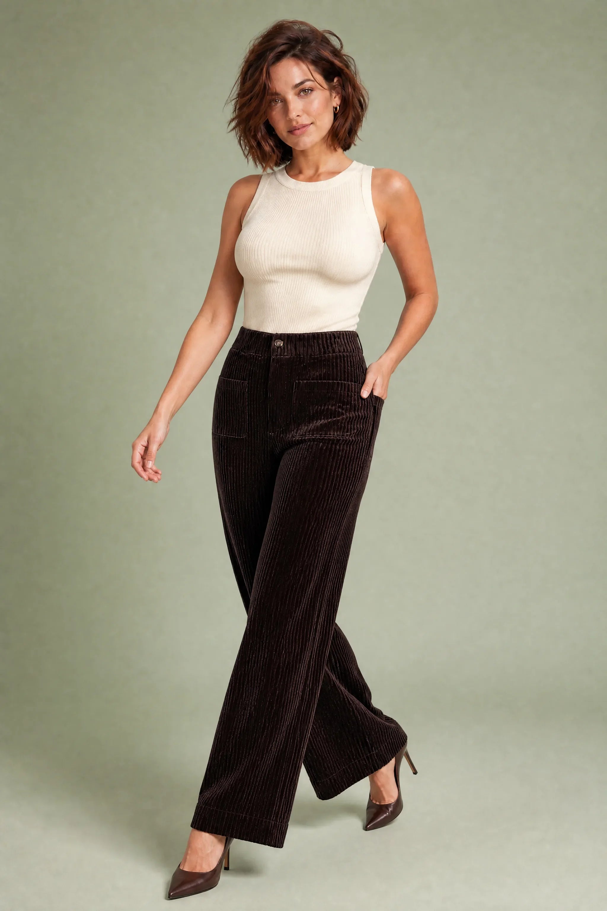 Zora | Patch Pocket Corduroy High Waist Wide Leg Trousers - View 3